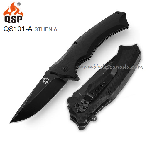 QSP Sthenia Flipper Folding Knife, 440C Black SW, G10 Black, QS101-A - Click Image to Close